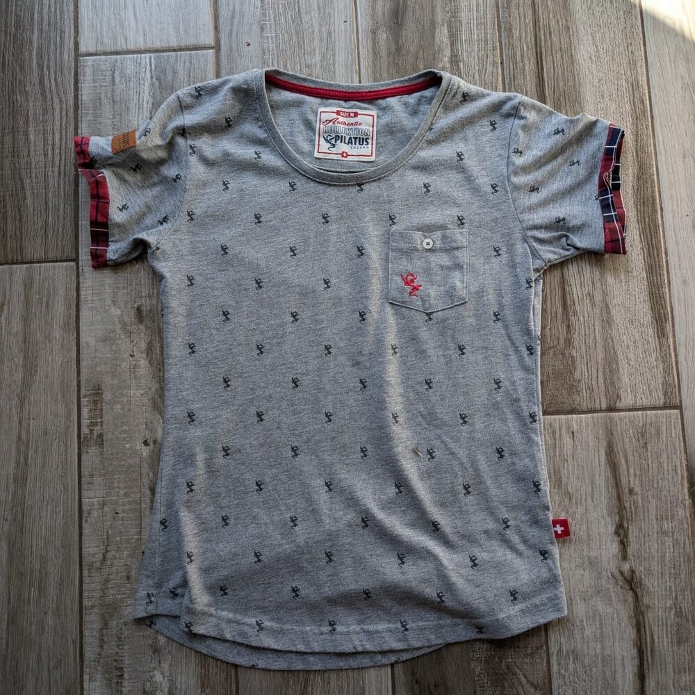 Pilatus Luzern Youth's  Gray Graphic T-Shirt Size M Swiss Flag Dragon Print